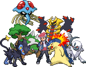 gen 4 sprite of the platinum male protagonist alongside a typhlosion, absol, torterra, giratina, luxray, and tentacruel